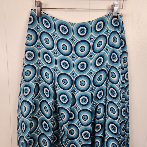 Ann Taylor 100% Silk Skirt A-line Pleated Lined Blues Geo Office Knee Length 0 - Picture 2 of 9